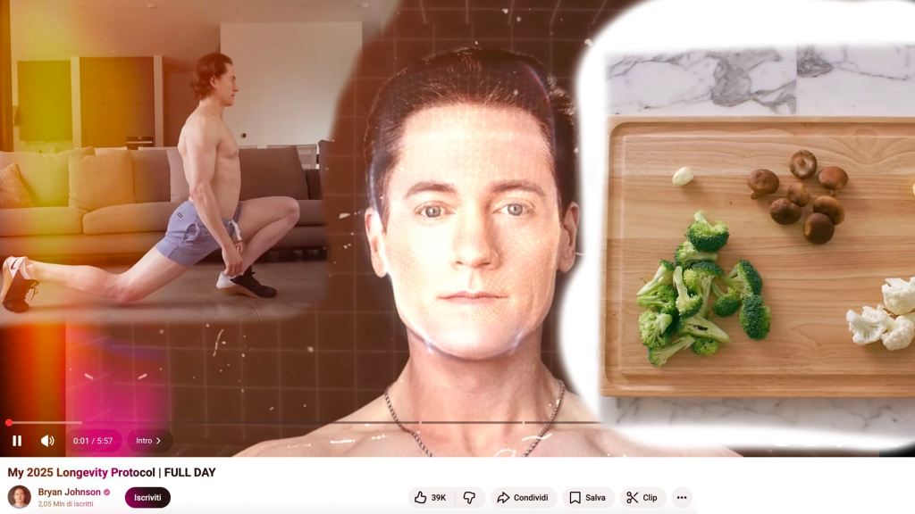 immagini tratte dal canale YouTube di Bryan Johnson che lo mostrano mentre fa ginnastica e gli ingredienti della sua dieta anti age