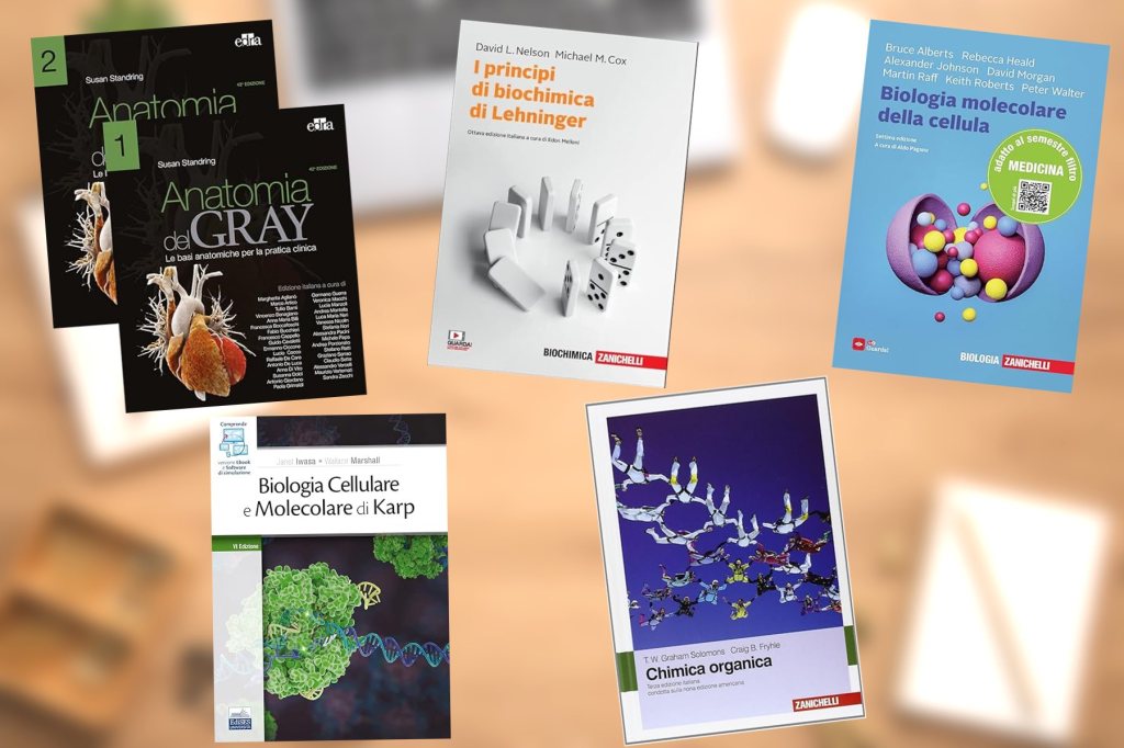 copertine di alcuni dei più famosi libri adottati nelle facoltà scientifiche universitarie come Medicina Biologia Chimica Farmacia